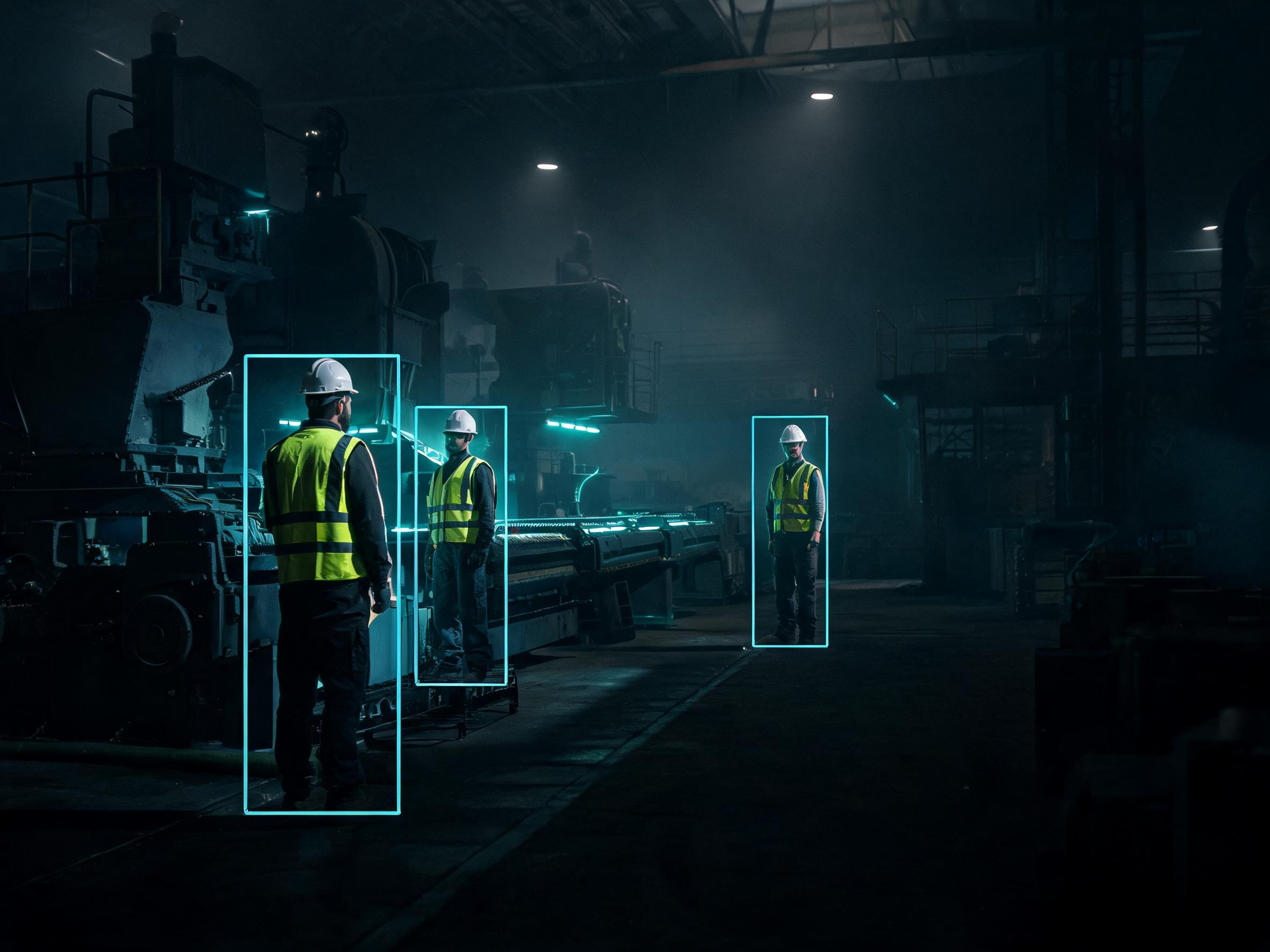 Manufacturing plant floor with AI detection overlays